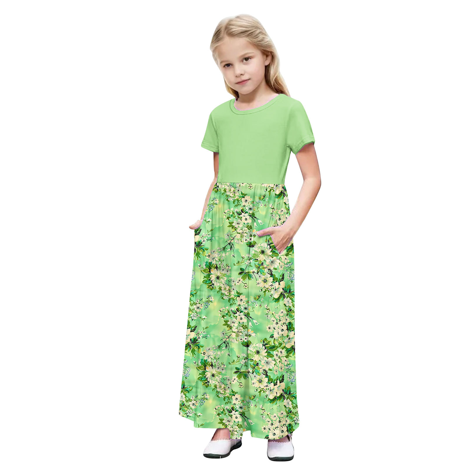 Girls Summer Long Dress Short Sleeve Casual Holiday Modest Maxi Dress with Pockets Floral Printed T-Shirt Dress for 4-14 Years
